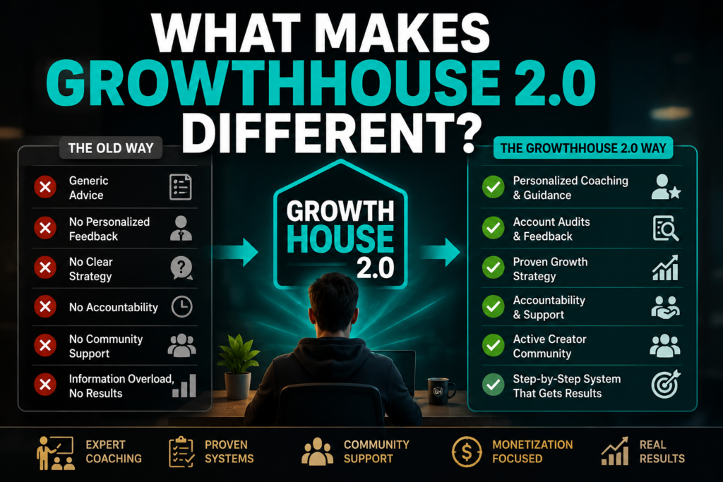 GrowthHouse 2.0 review infographic showing what makes GrowthHouse 2.0 different, including personalized coaching, account audits, creator community support, monetization strategies, and proven growth systems.